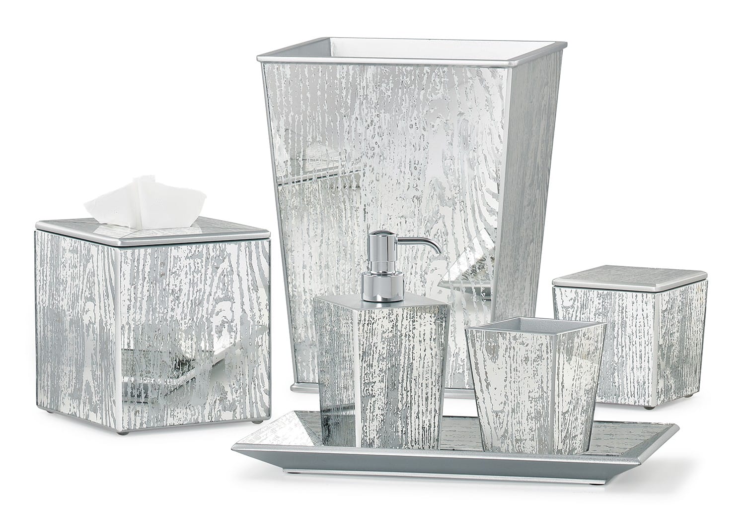 Silver bathroom accessory set with wastebasket, tissue box, soap dispenser, and tray featuring a rustic finish.