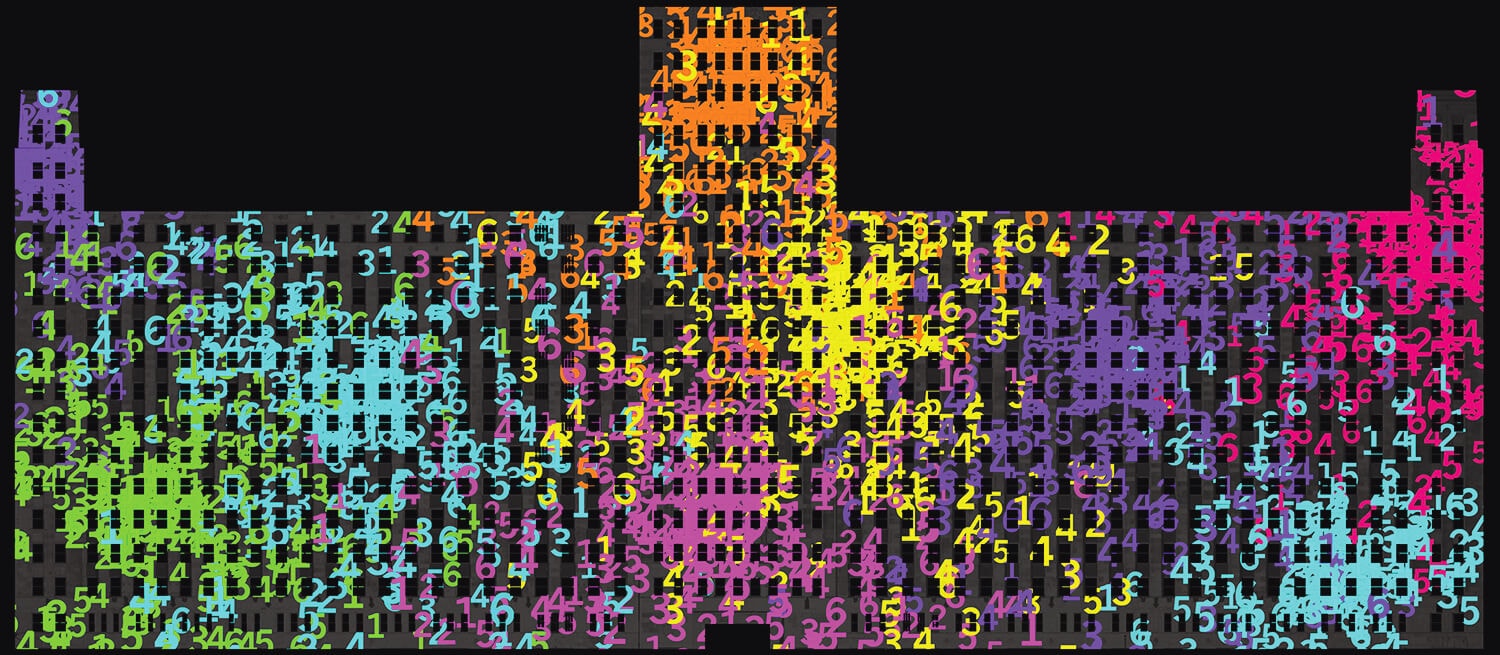Colorful periodic table of elements with atomic numbers in a variety of bright hues, creating a vibrant visual display.