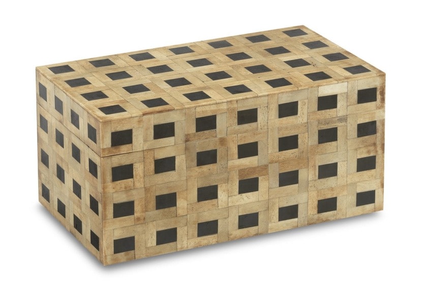 Rectangular wooden box with a woven pattern design, featuring alternating light and dark square inlays.