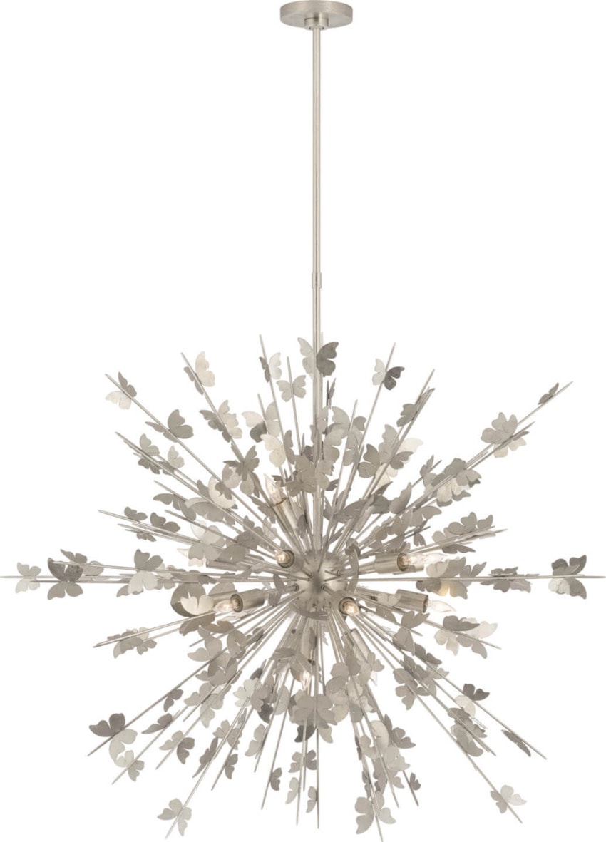 Modern pendant light with metallic starburst design and multiple arms extending outward, featuring small leaf accents.