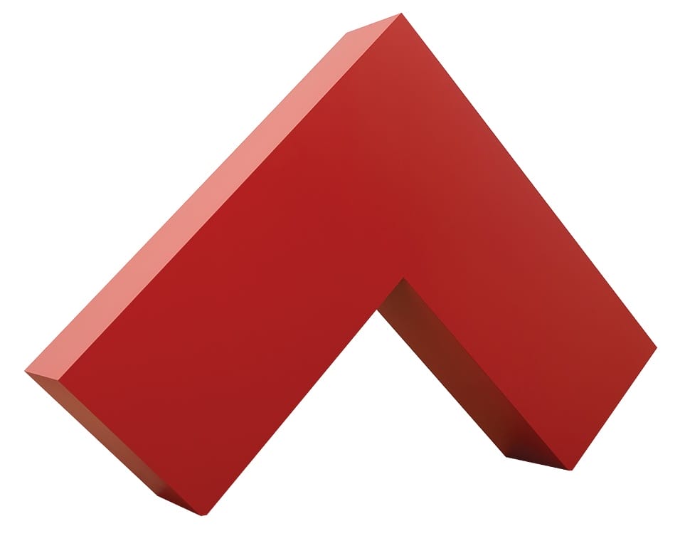 Red geometric arrow shape pointing diagonally upwards against a white background.