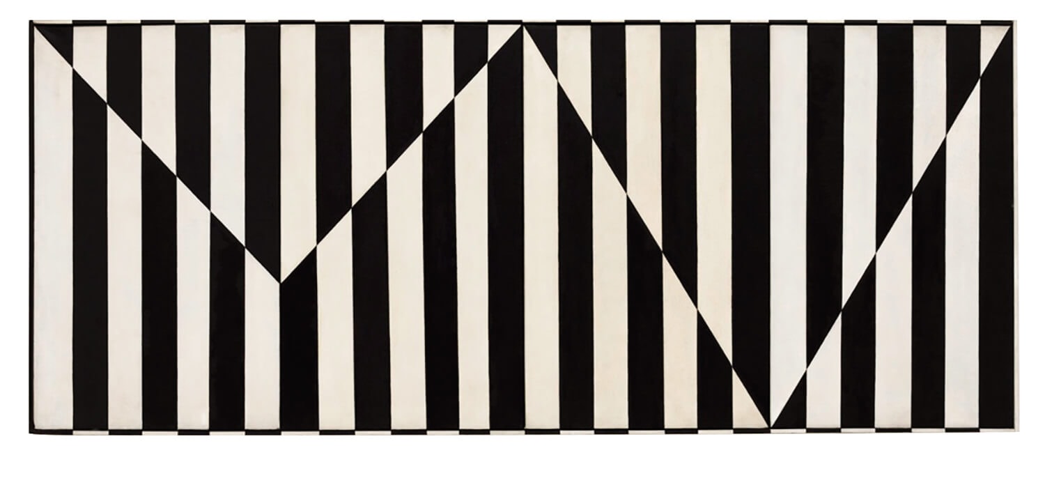 Black and white abstract art with vertical stripes and triangular patterns.