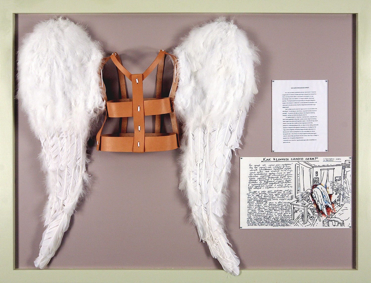 White feathered wings attached to a harness displayed in a frame alongside a handwritten letter and a black-and-white illustration.
