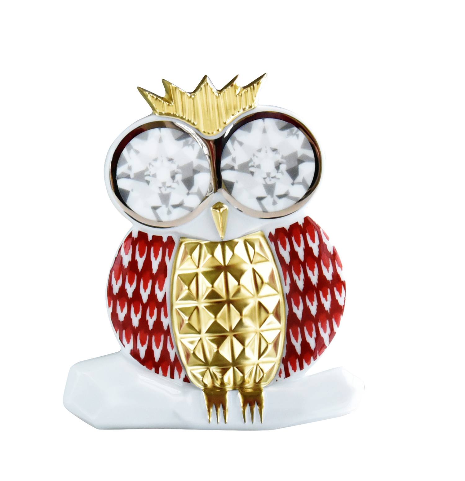 Decorative ceramic owl figurine with red and gold accents, large textured eyes, and a small gold crown on its head.