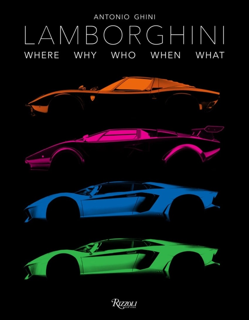Cover of the book titled "Lamborghini" featuring silhouettes of four colorful sports cars against a black background.