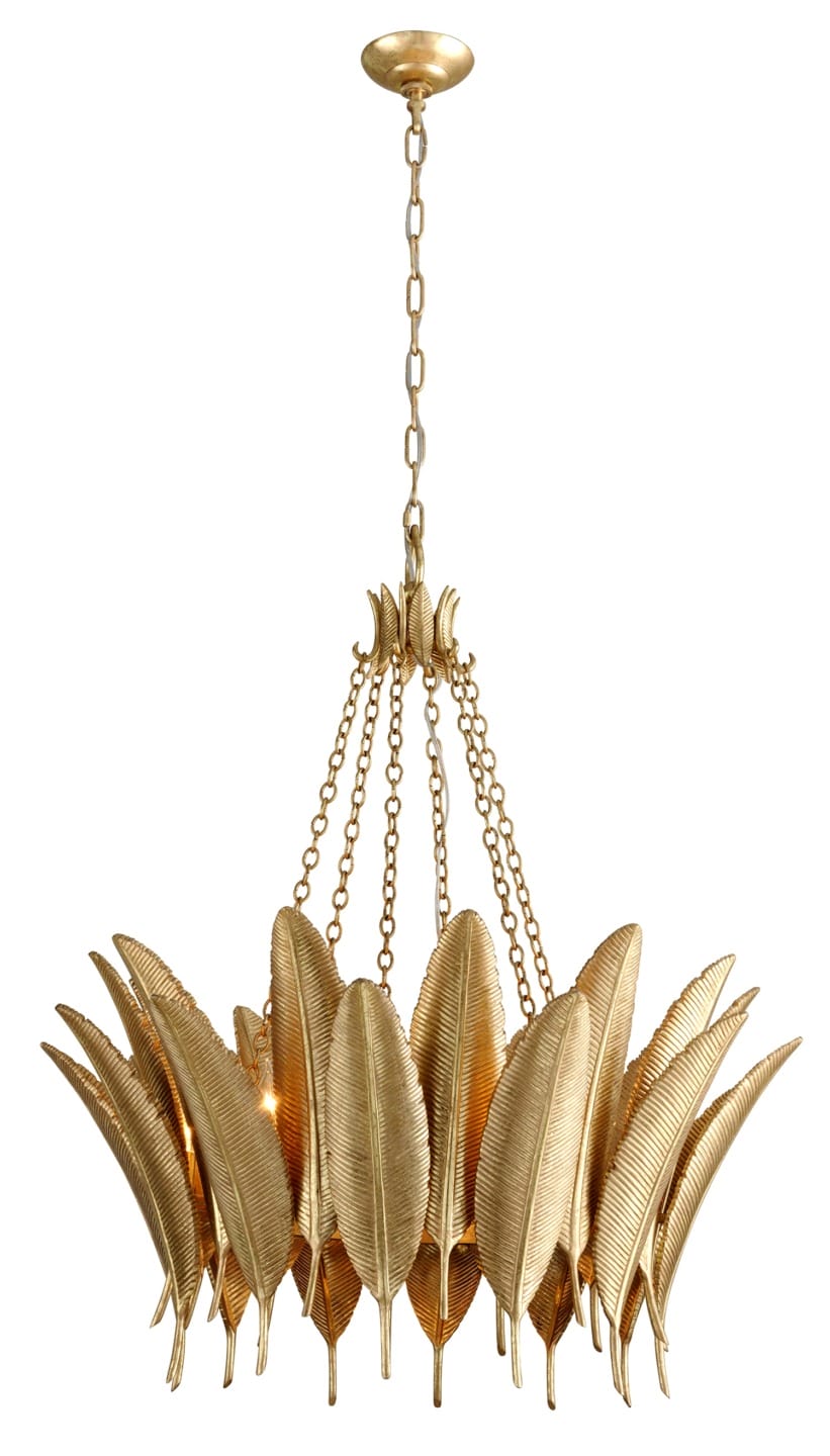 Elegant gold chandelier with feather-like leaves and chain details, hanging from a ceiling fixture.