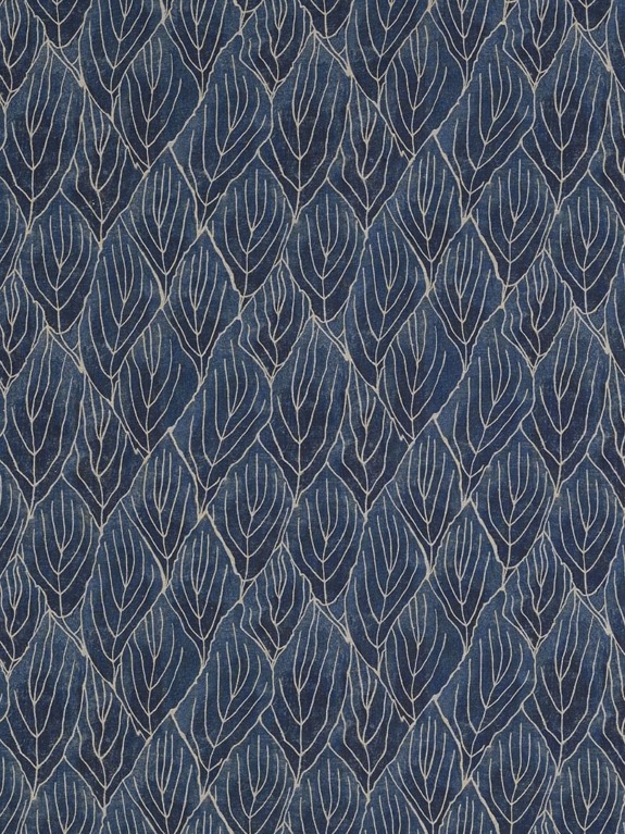 Navy blue wallpaper with a detailed cream leaf pattern creating an elegant, botanical design for interior decoration.