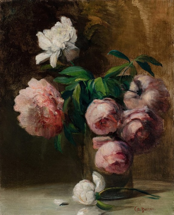 Painting of a bouquet with white and pink peonies in a vase on a table against a dark background.