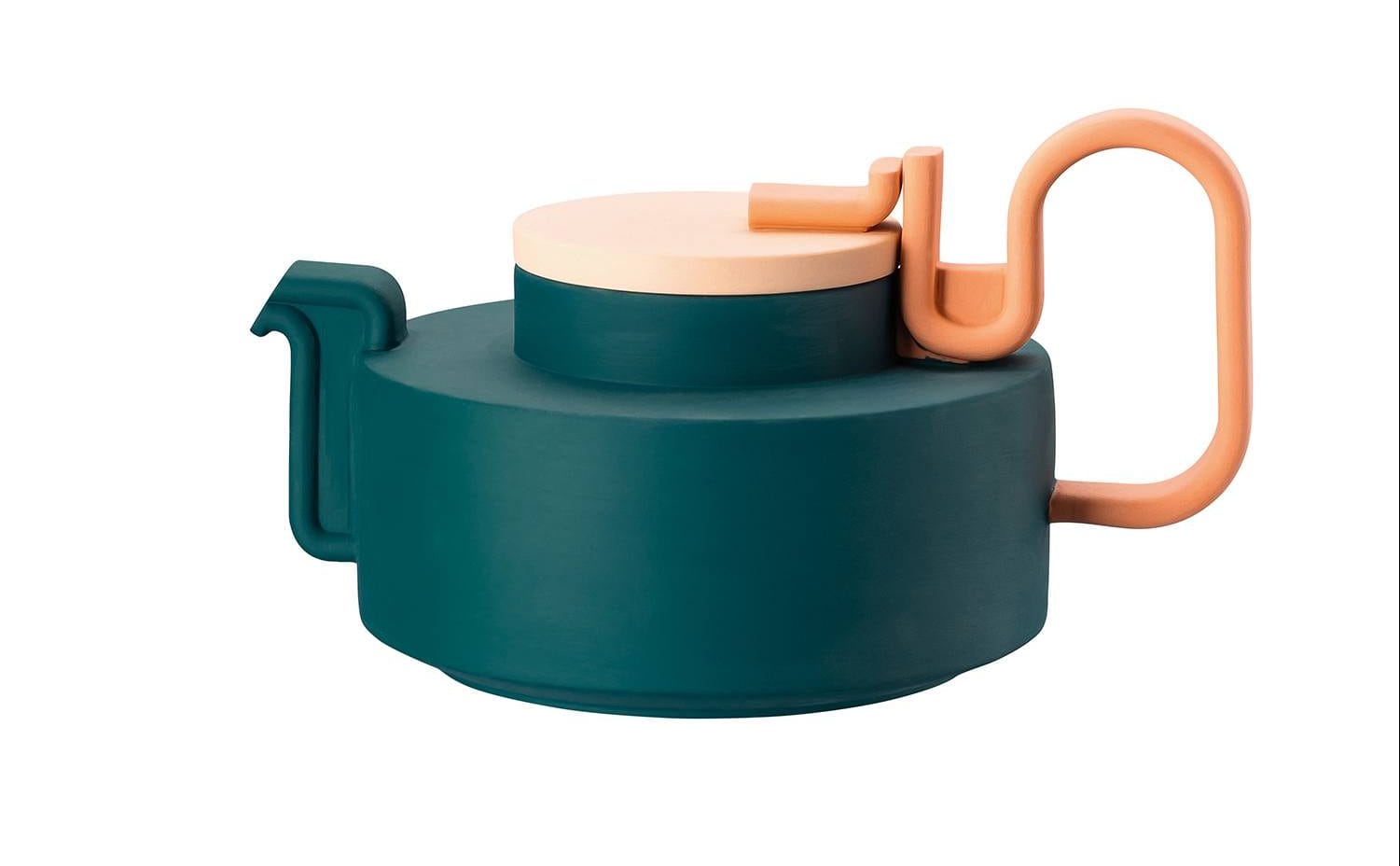 Modern teapot with teal body and peach lid and handle, minimalist design, isolated on white background