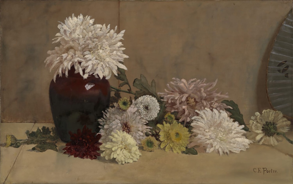 A still life painting of assorted chrysanthemums in a dark vase and scattered on a tabletop with neutral background.