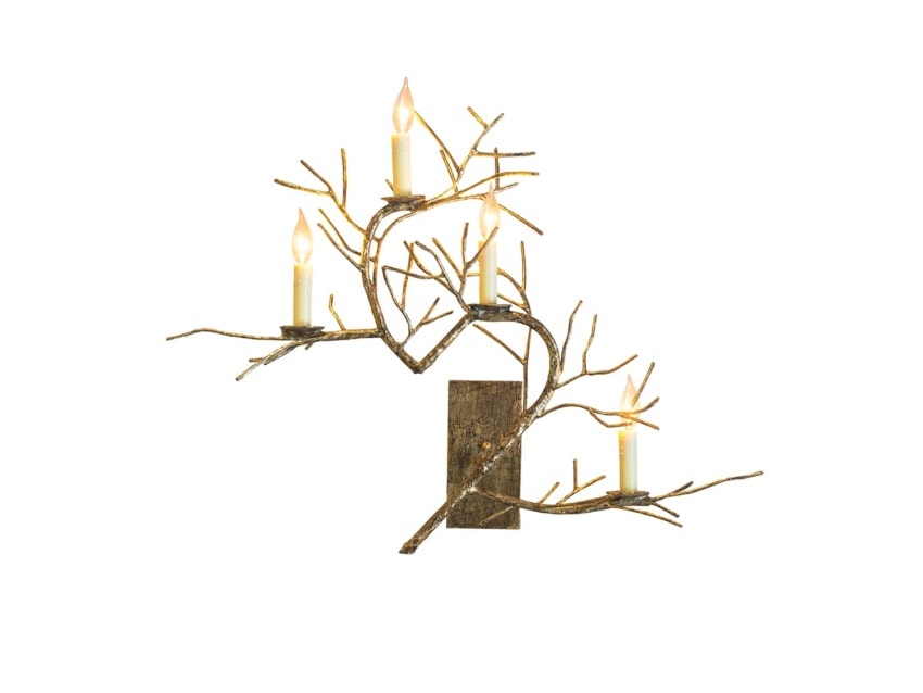 Rustic wall sconce with branch-like design and six candle-shaped lights against a white background.