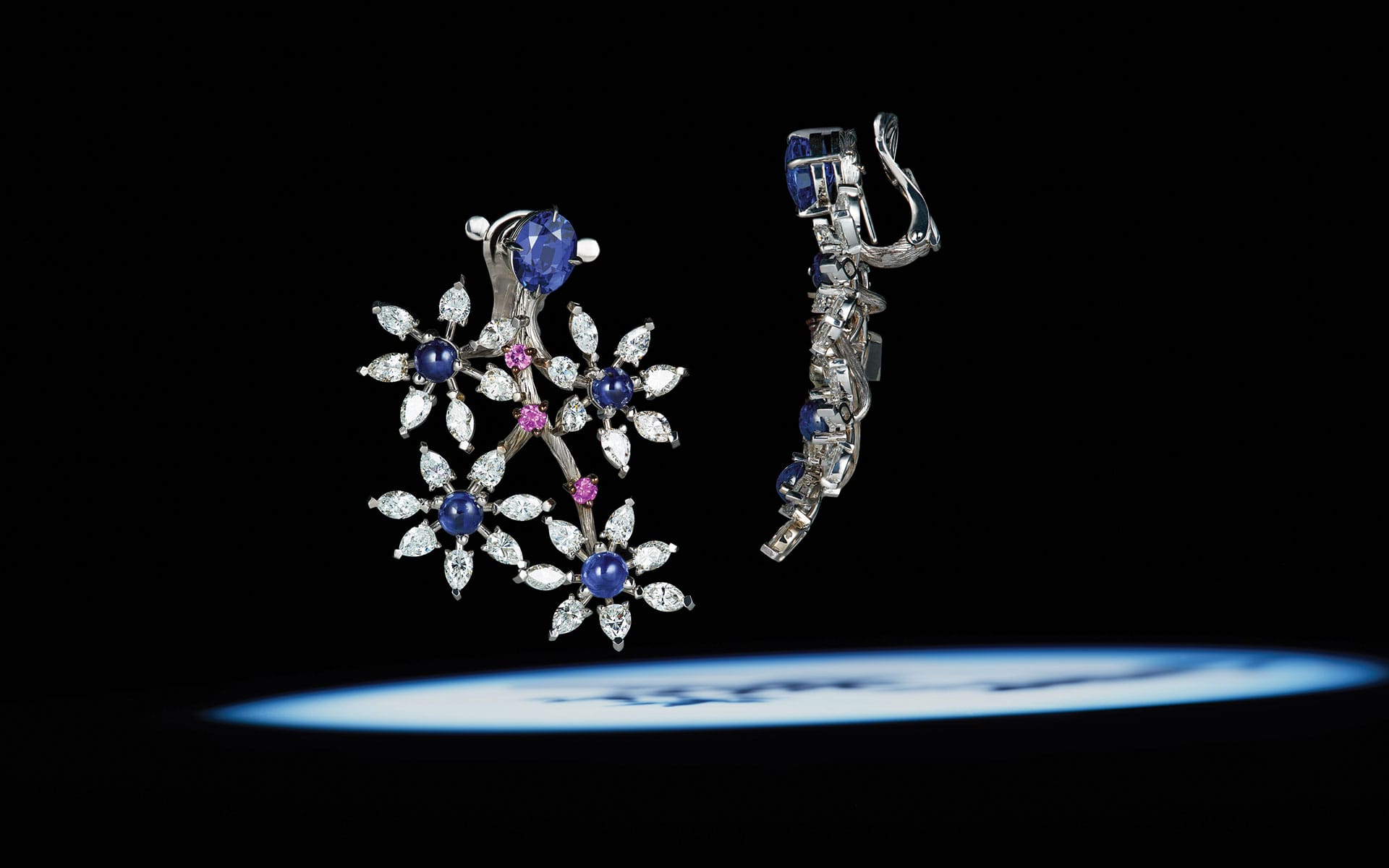 Floral-shaped gemstone earrings with blue and white stones on a dark background.