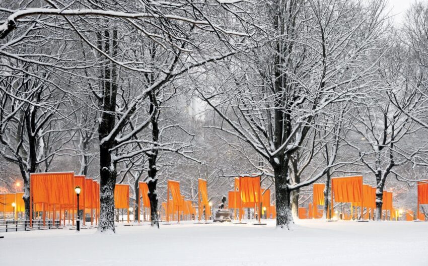 Snow-covered park with bare trees and vibrant orange fabric art installations among the trees.