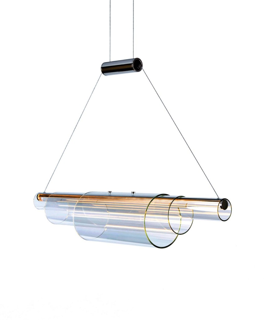 Modern hanging glass and metal pendant light with cylindrical design and transparent finish.