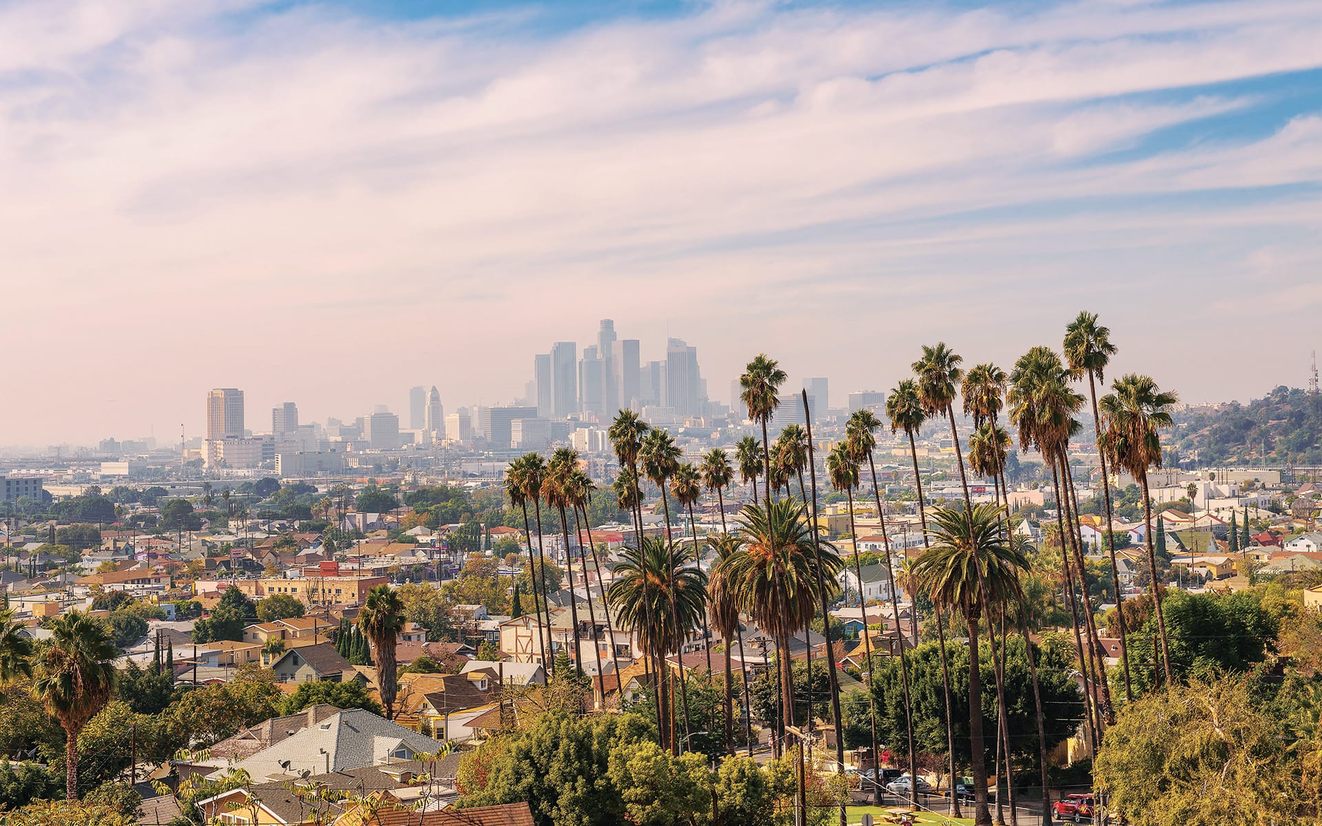 Skyline of Los Angeles with palm trees and buildings under a partly cloudy sky