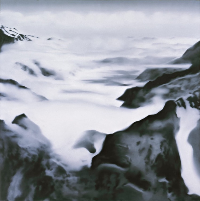 Abstract grayscale landscape painting with misty mountains and cloudy sky, creating a serene and mysterious atmosphere.