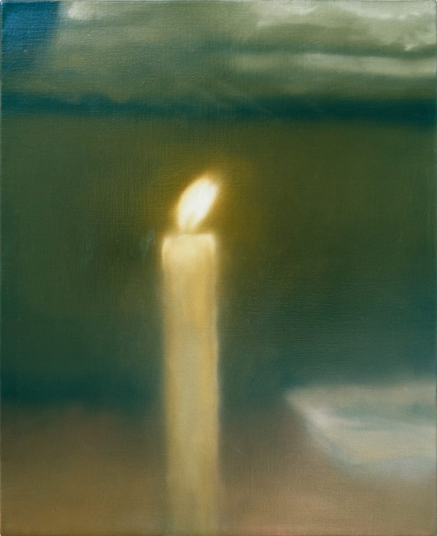 Blurry impressionistic painting of a lit candle on a table with an indistinct background in green tones.