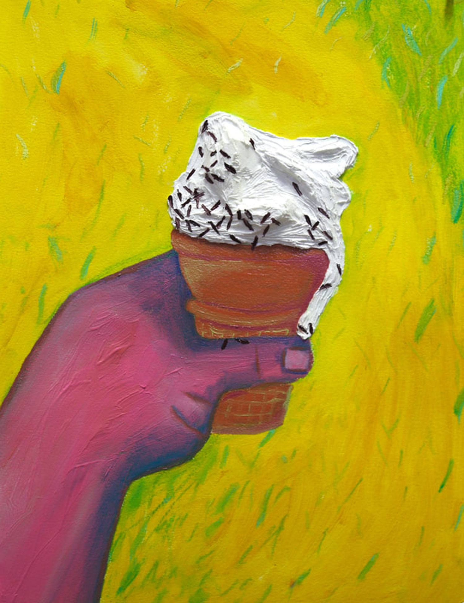 Colorful painting of a hand holding an ice cream cone with sprinkles against a vibrant yellow background.