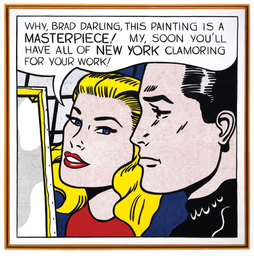 Pop art painting of a couple discussing a masterpiece, with a speech bubble mentioning New York and admiration for the artwork.
