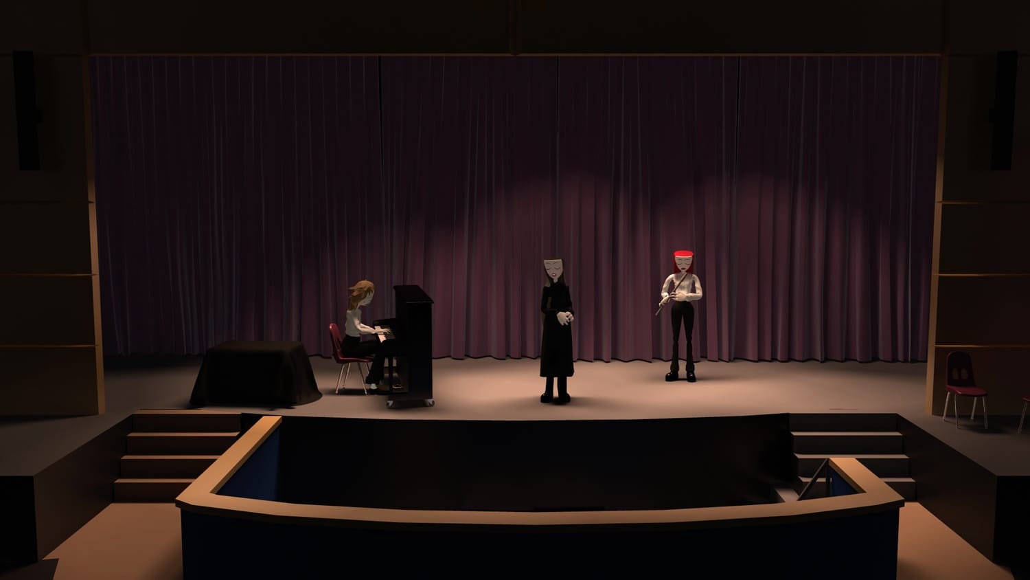 Three animated characters performing on a dimly lit stage with purple curtains and a spotlight above them.