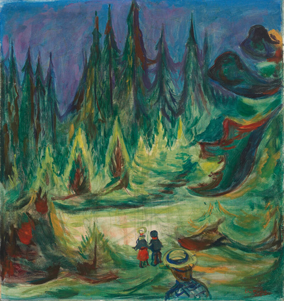 Colorful painting of three figures in a vibrant, abstract forest with tall trees and a vivid, swirling sky.