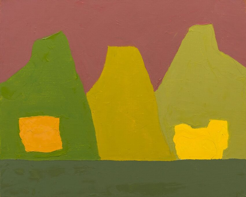 Abstract painting with three green and yellow geometric shapes on a muted red background.