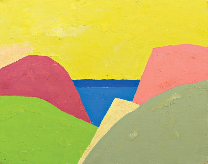 Abstract painting with colorful geometric shapes in pink, green, yellow, and blue, resembling a landscape with hills and sky.