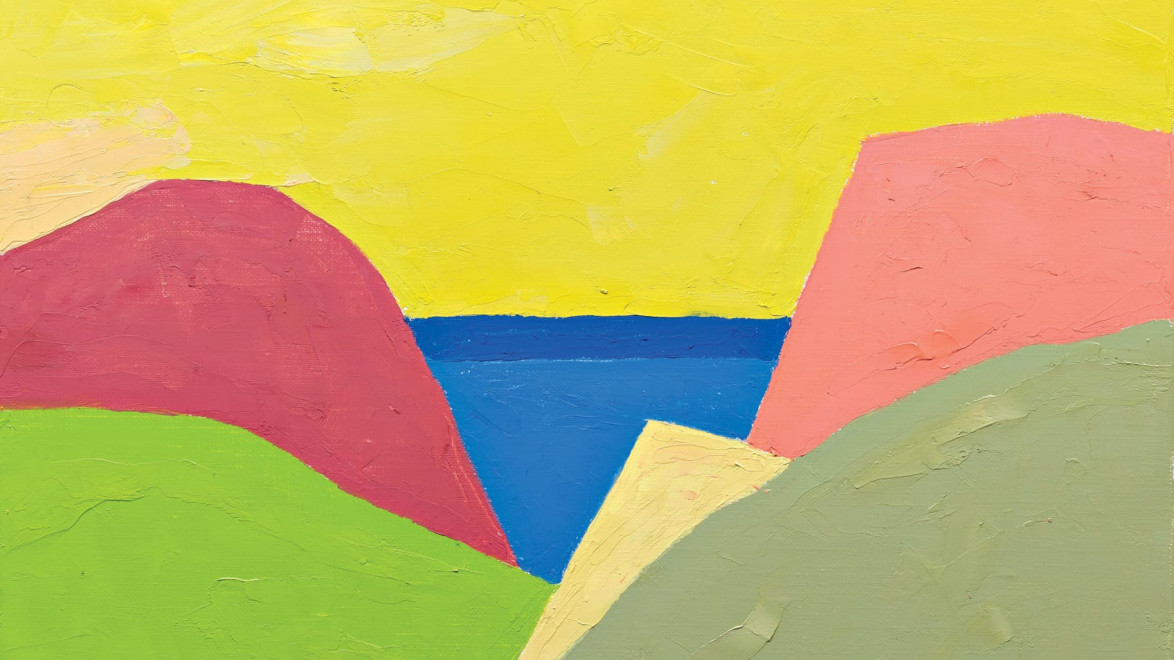 Abstract painting with colorful geometric shapes in yellow, pink, green, and blue, resembling a landscape with hills and sky.