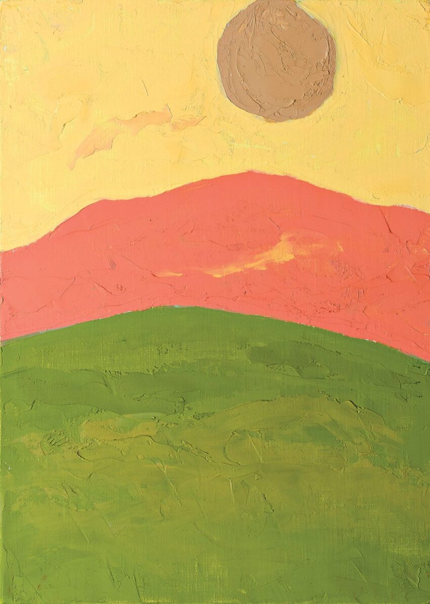 Abstract painting with a green field, red hills, and a large sun against a yellow sky, using a textured technique.