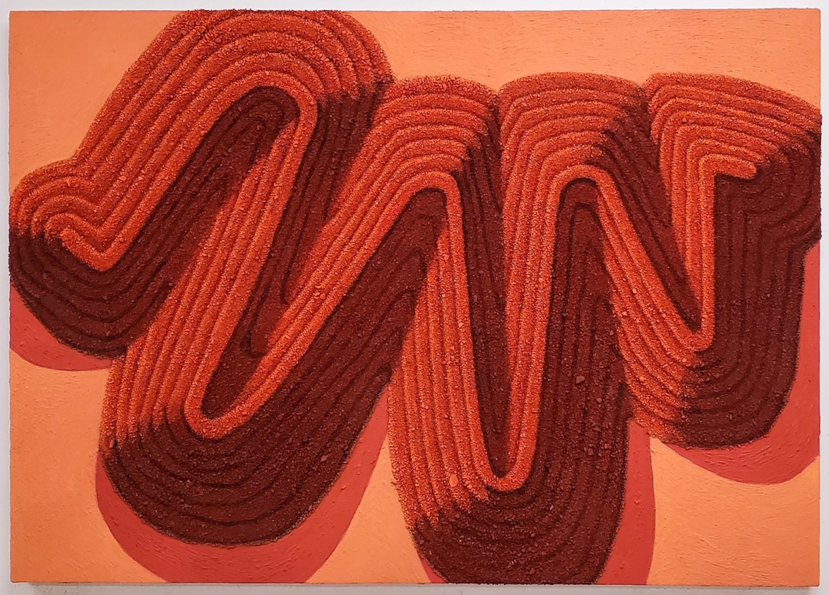 Abstract painting featuring wavy red loops on a textured orange background, conveying movement and depth.