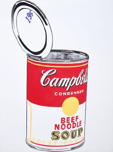 Pop art painting of an open Campbell's Beef Noodle Soup can with the lid flipped open, price marked at 19 cents.