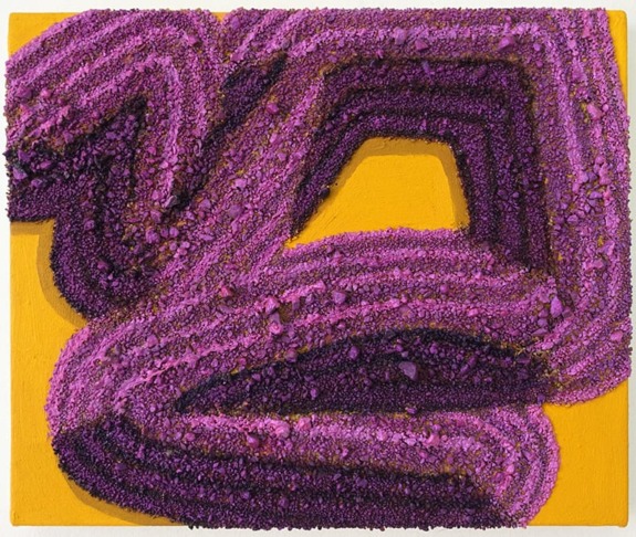 Abstract art with textured purple and magenta patterns on a vibrant yellow background, creating a dynamic visual effect.