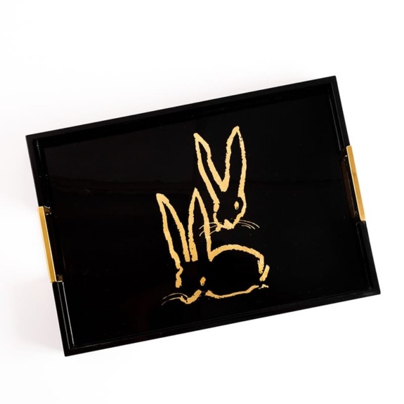 Black rectangular tray with golden rabbit illustrations, featuring sleek gold handles on the sides.