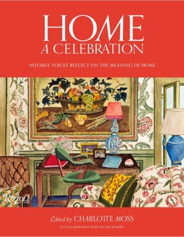 Book cover of "Home: A Celebration" edited by Charlotte Moss, featuring a colorful living room illustration with a floral theme.