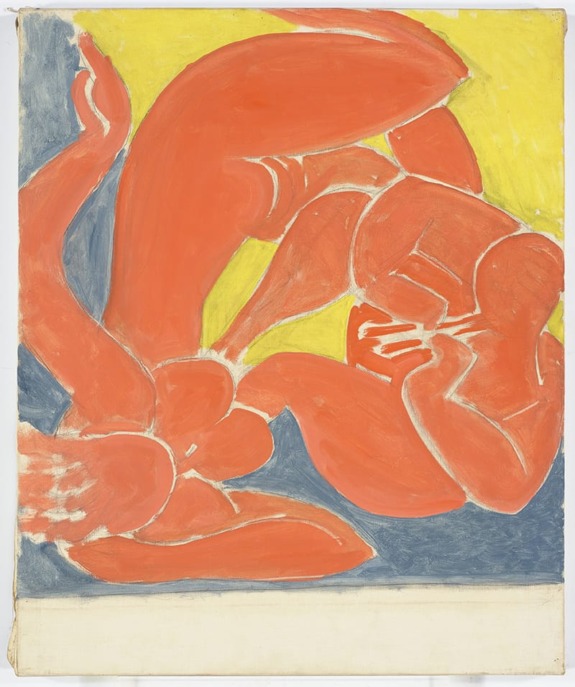 Abstract painting with red human-like figures against a yellow and blue background, conveying a sense of movement and energy.