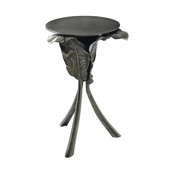 Elegant black metal side table with artistic leaf motifs and tripod legs.