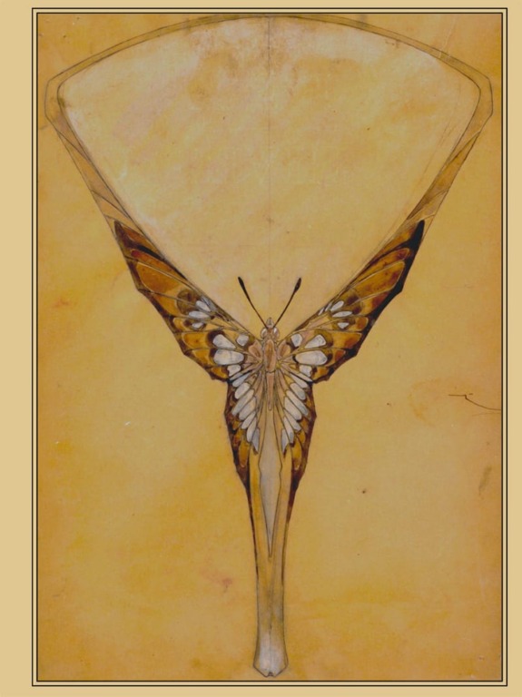Artistic drawing of a unique butterfly with geometric wings on a beige background, framed by thin borders.