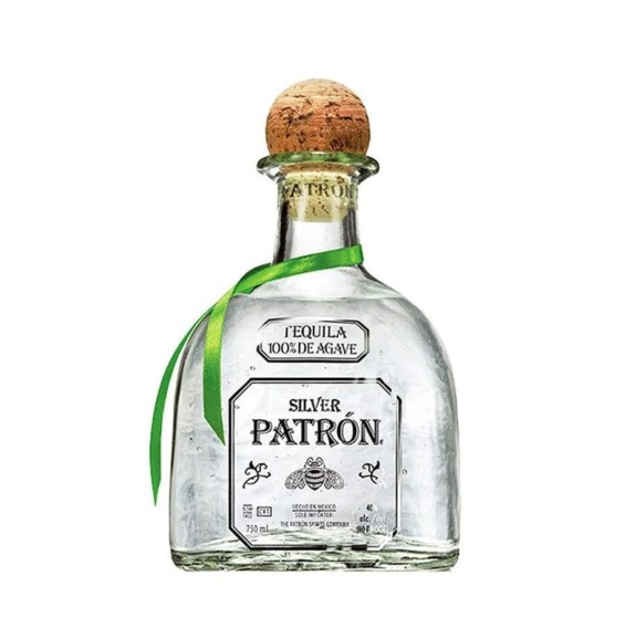 Bottle of Patrón Silver with a cork top and green ribbon, featuring its label prominently displayed.