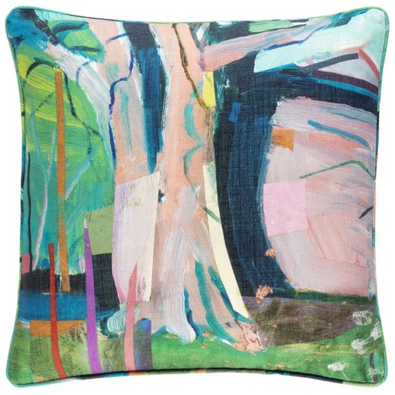 Abstract art design on a square decorative cushion with vibrant colors and geometric patterns.