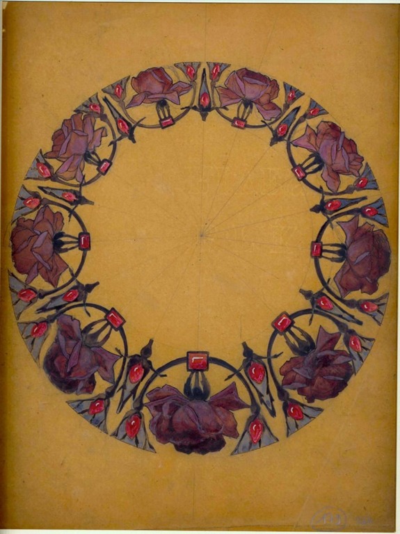 Art Nouveau design featuring a circular wreath of red roses and geometric shapes on a yellow background.