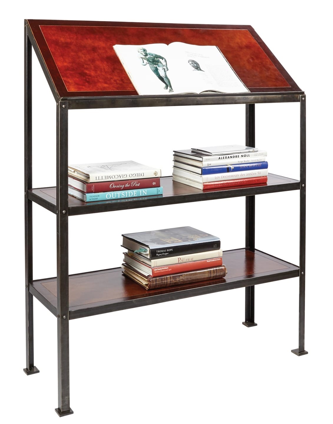 Books displayed on a vintage-style wooden and metal bookshelf with three tiers and an art book open on top.