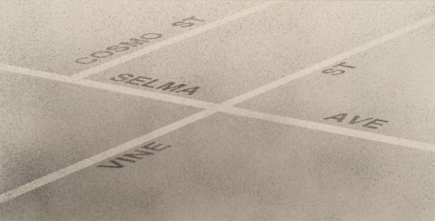 Abstract design resembling a minimalist map with intersecting roads labeled Cosmo St, Selma Ave, Vine St, and Selma St.