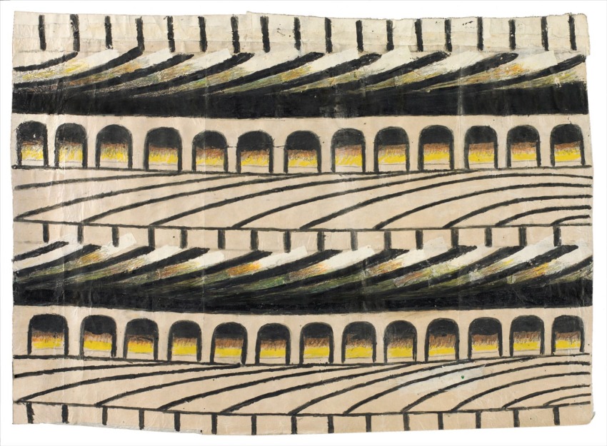 Abstract painting with repeating arches and wavy patterns in black, white, and yellow hues.