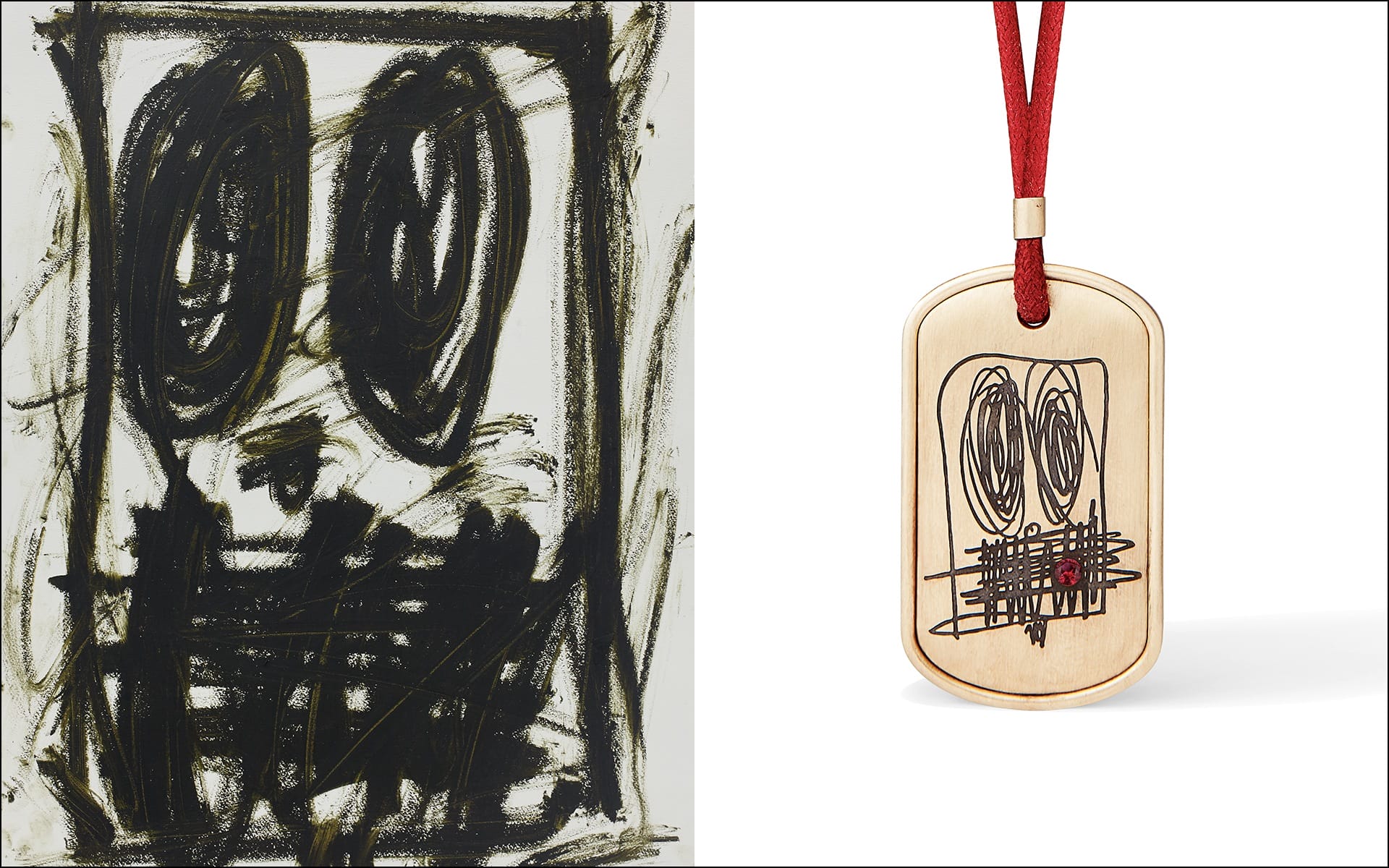 Abstract black sketch with large eyes next to a wooden pendant featuring a similar artistic design.