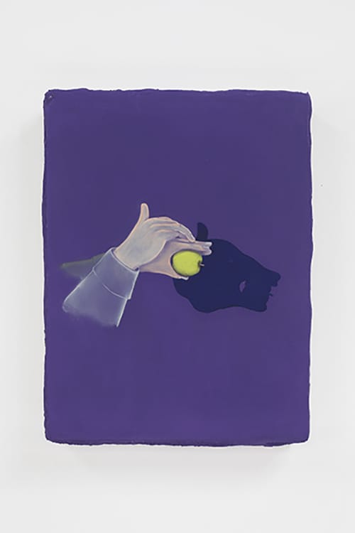 Painting of a hand holding a yellow apple against a dark purple background with a silhouette of a dog.