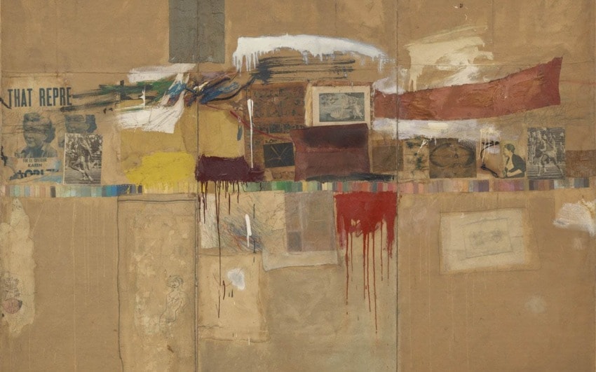 Abstract mixed media artwork with collaged elements, paint drips, and newspaper clippings on a textured canvas.