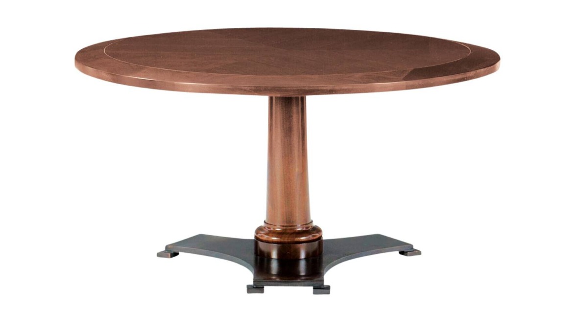 Round brown wooden table with a single pedestal base on a white background.
