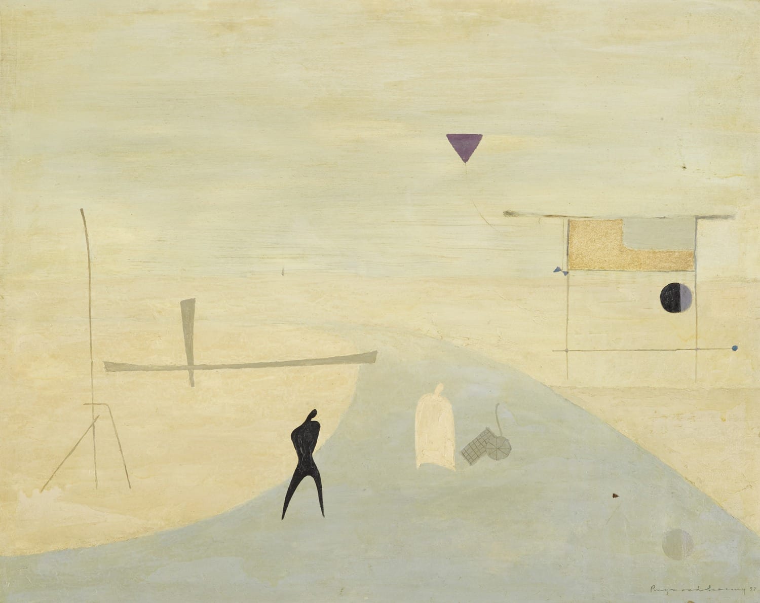 Abstract artwork by Ben Nicholson featuring geometric shapes and a small figure in a minimalist sandy landscape.
