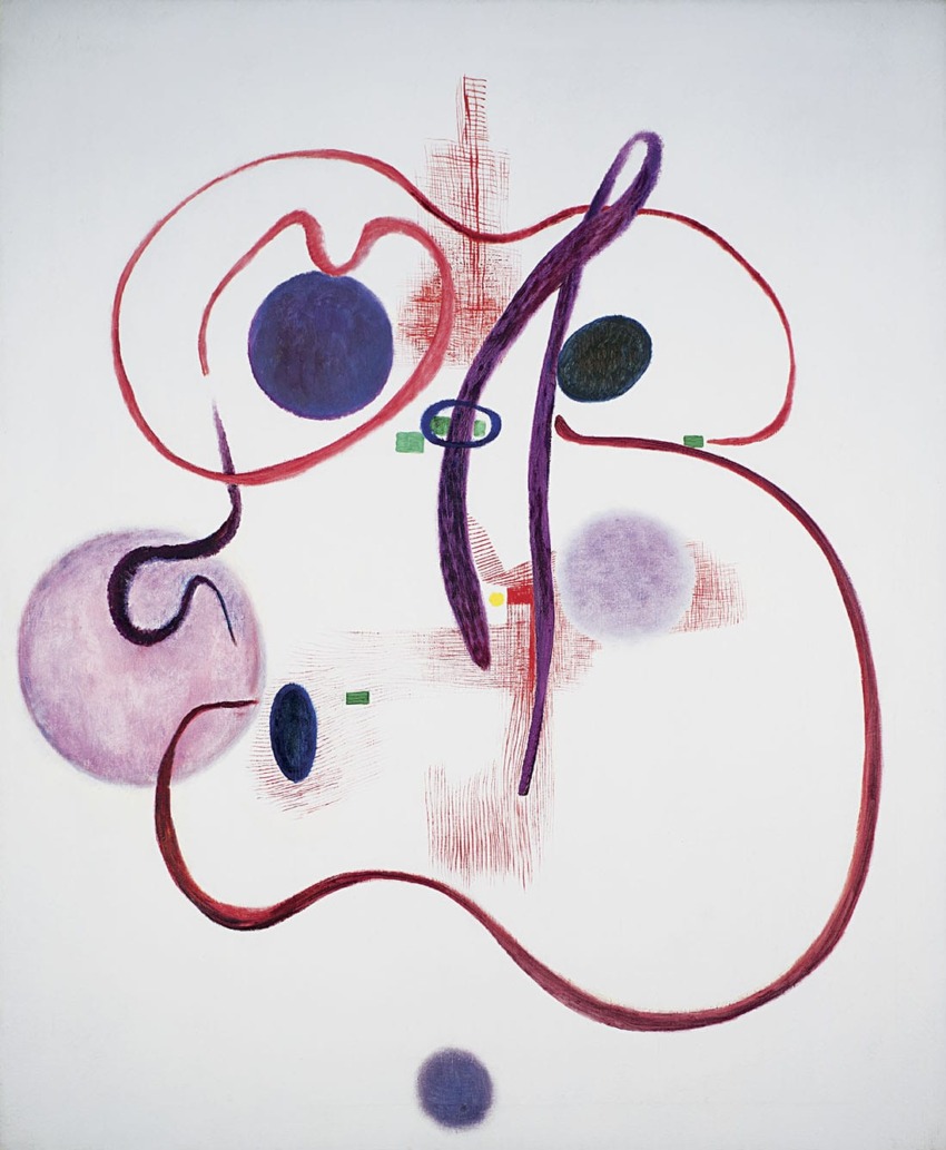 Abstract painting with swirling red, purple, and black lines, large circles, and small rectangles on a white background.