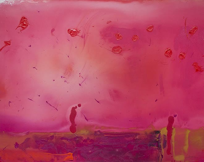 Abstract painting with shades of pink and red, featuring splotches and lines creating a dynamic and vibrant composition.